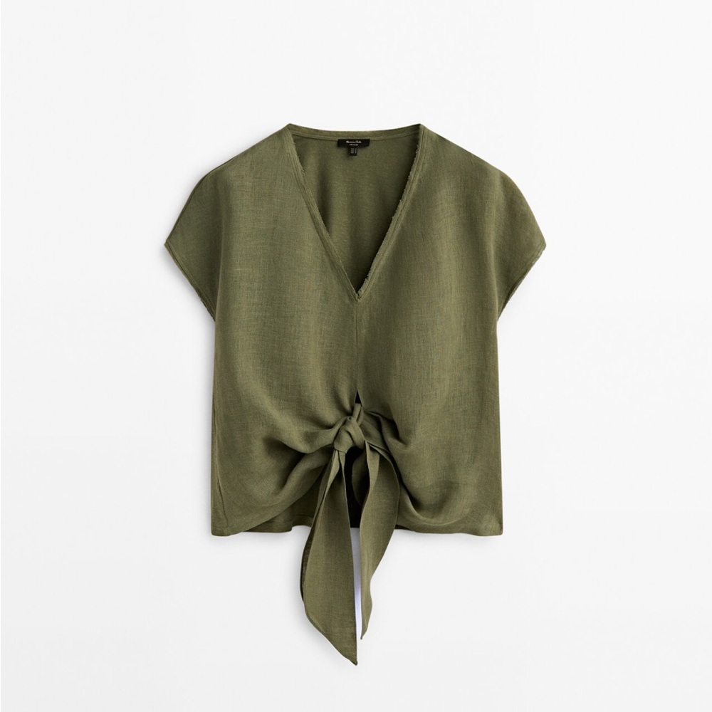Massimo Dutti green khaki Tie Front Blouse